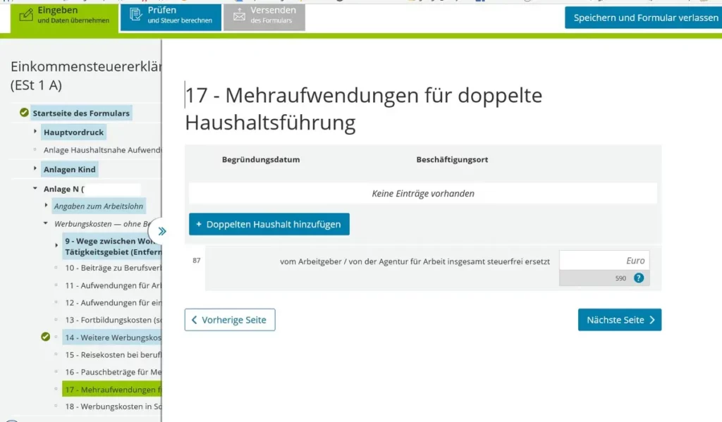 Anlage N Рабочие расходы Werbungskosten
