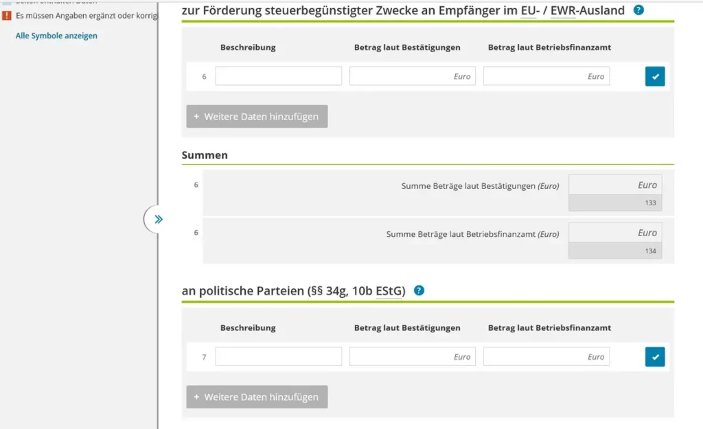 Приложение Anlage Sonderausgaben в немецкой налоговой декларации