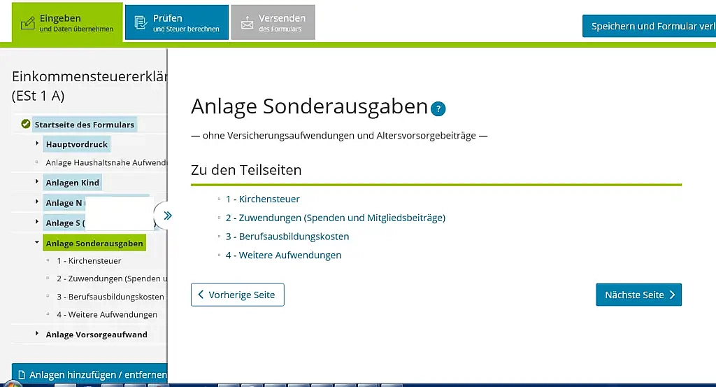 приложение Anlage Sonderausgabe немецкой налоговой декларации